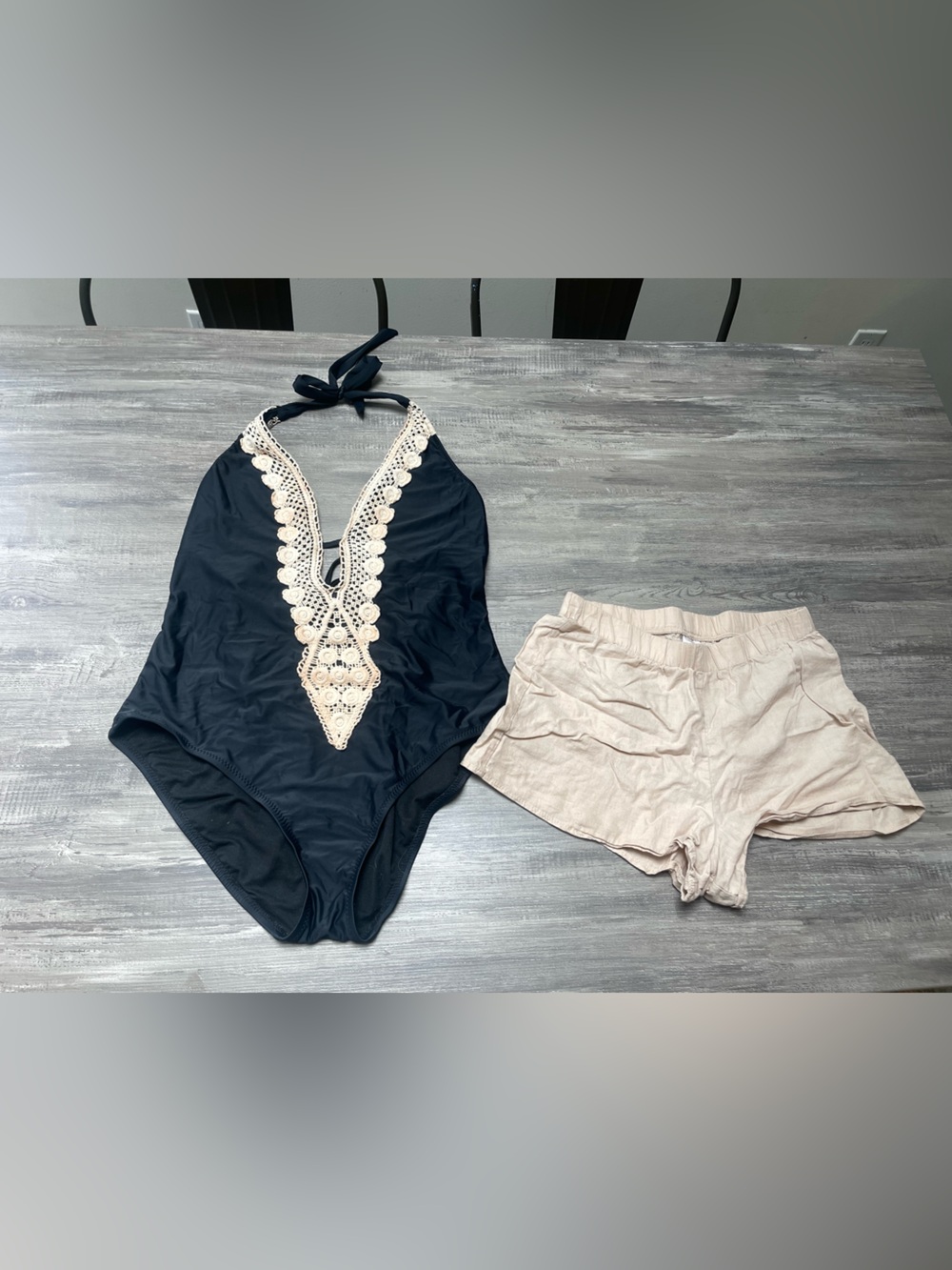 Romantic Black Swimsuit with Cream Accent and Linen cover up